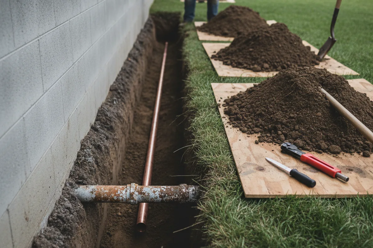 Excavated water line trench during Sewer Line Repair in Putnam Valley